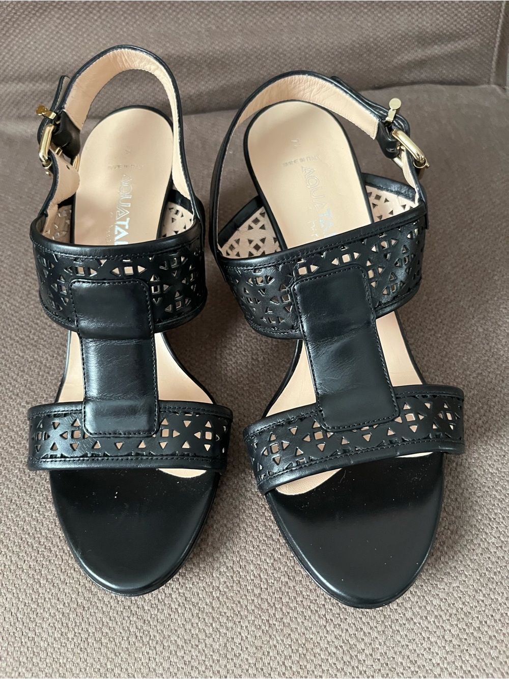 Aquatalia Black Laser-Cut Leather Slingback Sandals with Gold Buckle